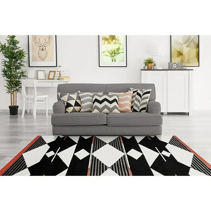 Kayoom Kurzflorteppich Broadway - Weiß/Schwarz, 170 x 120 cm, 100 % Polypropylen - Stimmungsaufnahme