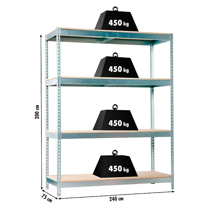 Regalux Estantería para cargas pesadas XXL - L x An x Al: 75 x 240 x 200 cm, Capacidad de carga: 450 kg/balda, Número de baldas: 4 ud., Inserción, Plateado