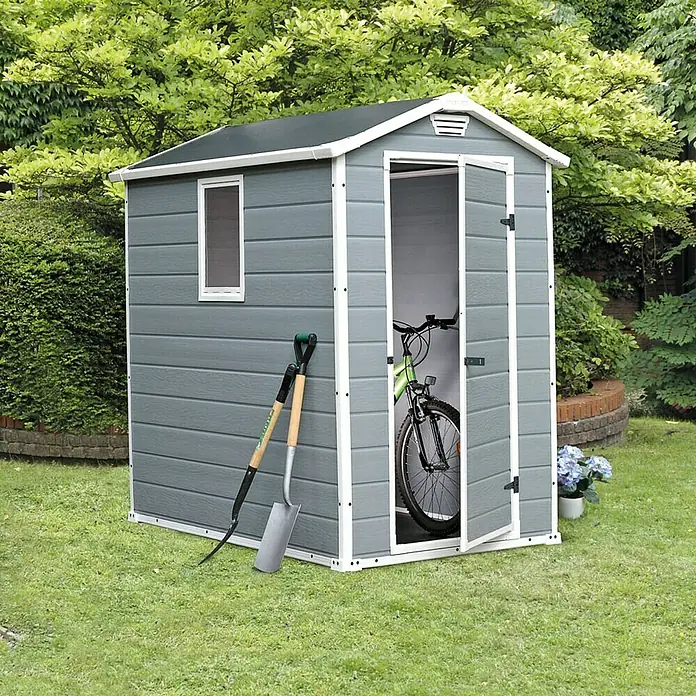 Keter Caseta para jardín Manor 4x6 - Ancho exterior incluido el voladizo del techo: 111 cm, Profundidad exterior incluido el voladizo del techo: 183,5 cm, Plástico, Antracita/Blanco
