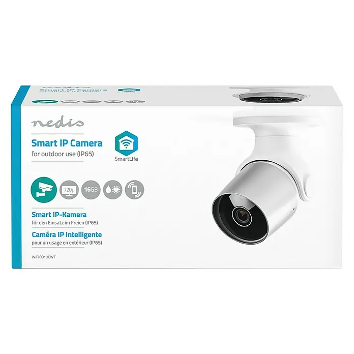 Nedis Smartlife IP-Außenkamera - Weiß, Silber, Netzbetrieben, 1.280 x 720 Pixel, IP65 - Vorderansicht