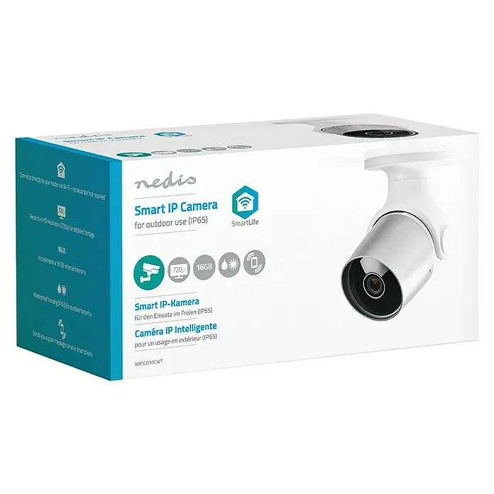 Nedis Smartlife IP-Außenkamera - Weiß, Silber, Netzbetrieben, 1.280 x 720 Pixel, IP65 - Vorderansicht