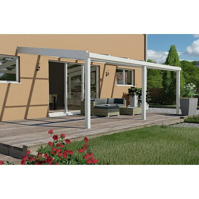 Terrassenüberdachung Special Edition mit Schiebedach - L x T: 600 cm x 350 cm, Verbundsicherheitsglas (VSG), Verkehrsweiß, Klar - Stimmungsaufnahme