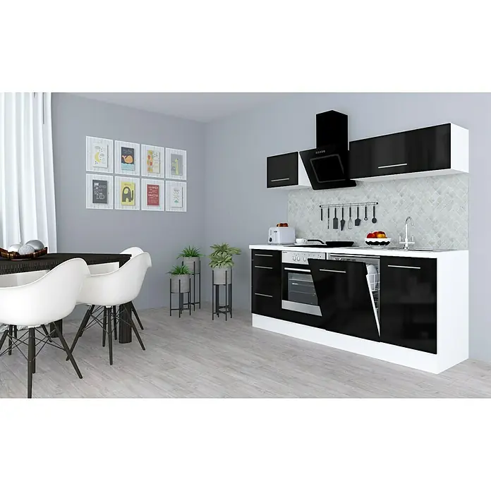Respekta Premium Küchenzeile RP220WSCBO - Breite: 220 cm, Mit Elektrogeräten, Schwarz Hochglanz - Stimmungsaufnahme