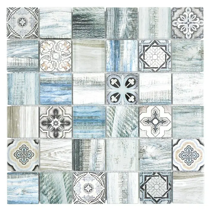 Mosaikfliese Quadrat Crystal XCM WOOD 300 - 30 x 30 cm, Blau/Grau, Glänzend - Vorderansicht