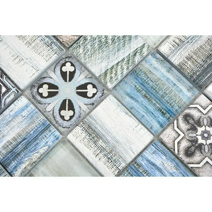 Mosaikfliese Quadrat Crystal XCM WOOD 300 - 30 x 30 cm, Blau/Grau, Glänzend - Detailaufnahme