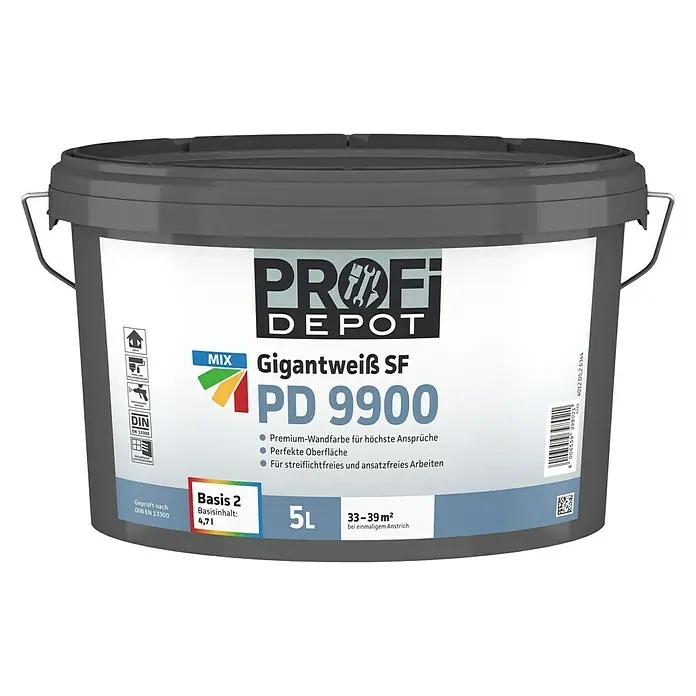 Profi Depot PD Wandfarbe Gigantweiß SF PD 990 - Basismischfarbe, 5 l, Stumpfmatt - Vorderansicht
