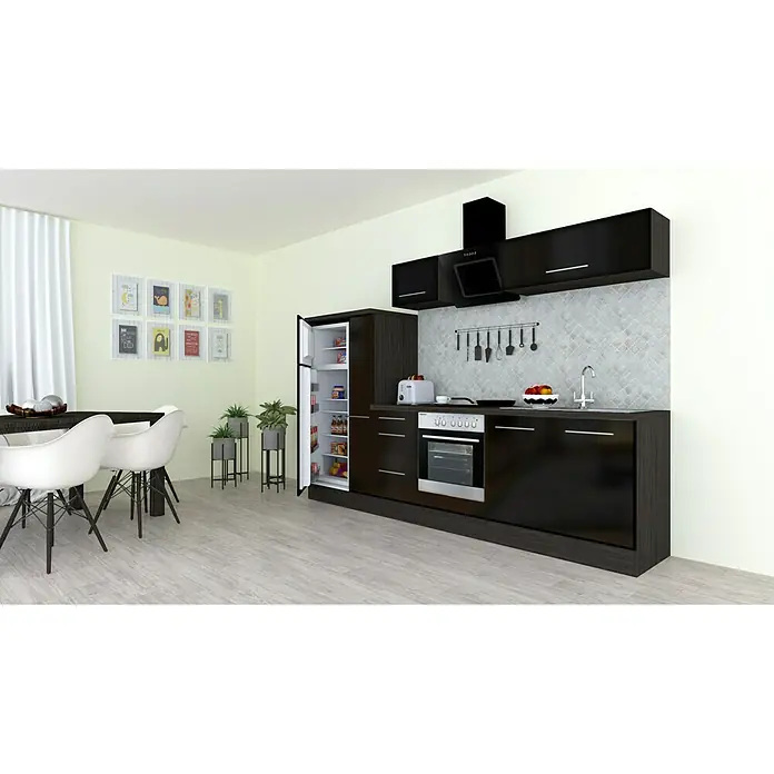 Respekta Premium Küchenzeile RP300ESCBO - Breite: 300 cm, Mit Elektrogeräten, Schwarz Hochglanz - Stimmungsaufnahme
