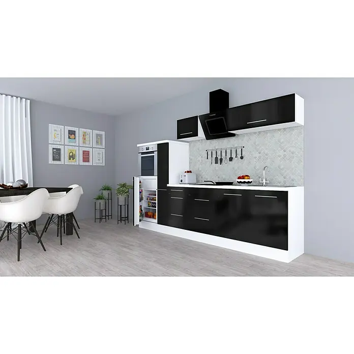 Respekta Premium Küchenzeile RP300HWSBO - Breite: 300 cm, Mit Elektrogeräten, Schwarz Hochglanz - Stimmungsaufnahme
