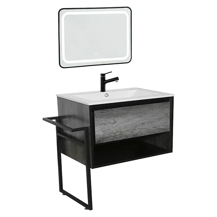 Sanotechnik Badmöbel-Set Soho - Gesamtbreite Badmöbel: 80 cm, 2 -tlg., Schwarz, Grau, Glänzend