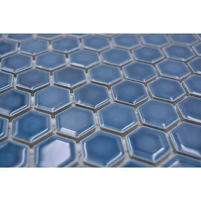 Mosaikfliese Hexagon Uni HX 230 - 26 x 30 cm, Blau, Glänzend - Detailaufnahme