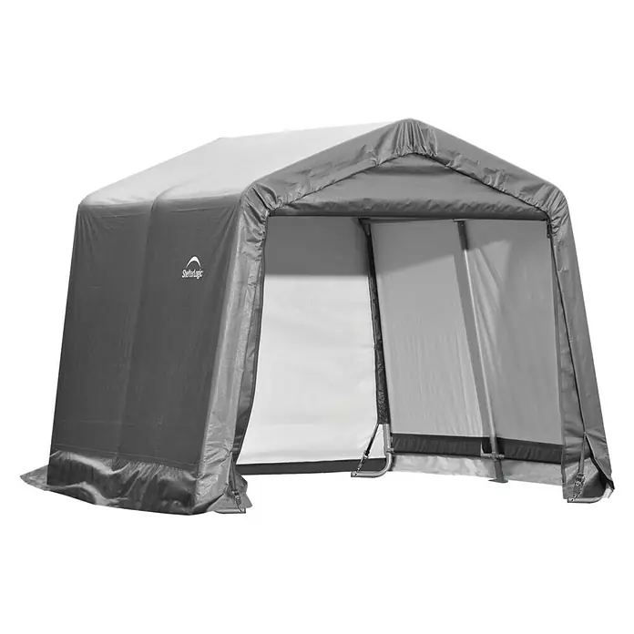 ShelterLogic Gerätehaus - Außenbreite inkl. Dachüberstand: 297 cm, Außentiefe inkl. Dachüberstand: 305 cm, Stahl, Grau - Linke Seitenansicht