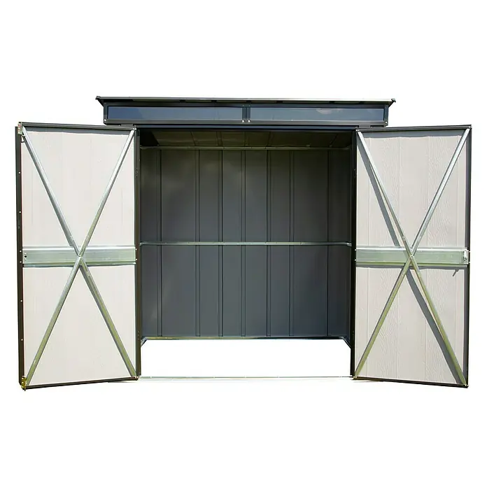 Spacemaker Gerätehaus Onyx - Außenbreite inkl. Dachüberstand: 208 cm, Außentiefe inkl. Dachüberstand: 130 cm, Stahl, Onyxschwarz - Vorderansicht