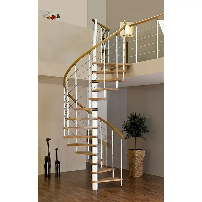 Minka Spindeltreppe Venezia - Durchmesser: 120 cm, Weiß, Farbe Stufen: Buche Hell, Geschosshöhe: 309 cm - Vorderansicht