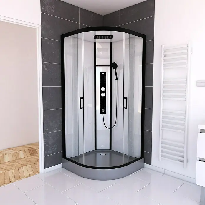 Cabina de ducha Indus - 90 x 90 x 215 cm, Forma acodada, Antracita/Metálico plateado - Vista frontal