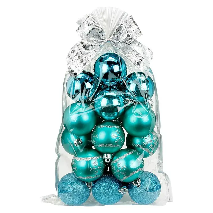 Christbaumkugel-Mix im Geschenkbeutel - Türkis, Kunststoff, Durchmesser: 6 cm, 20 Stk. - Vorderansicht
