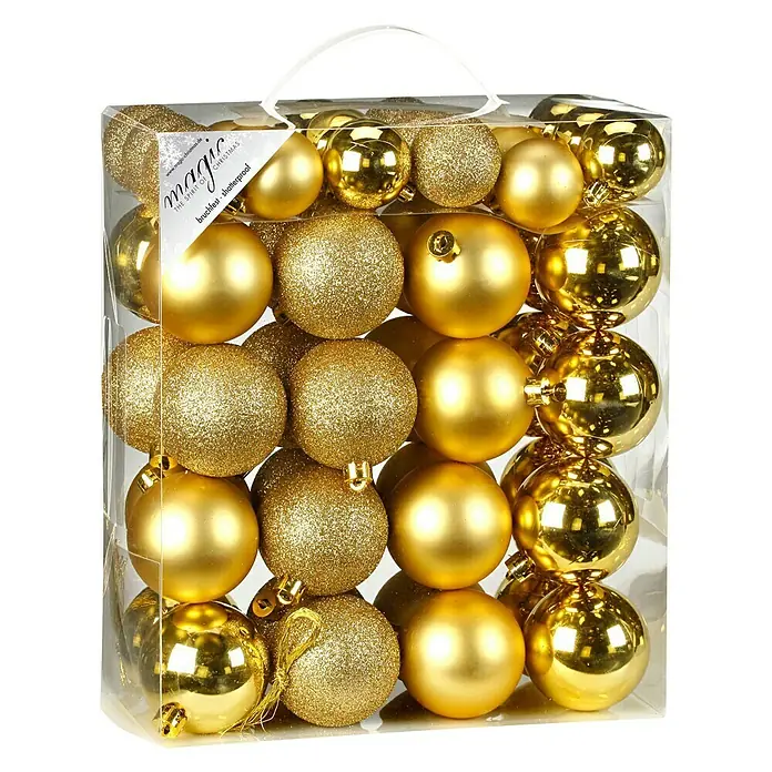 Christbaumkugel-Mix - Gold, Kunststoff, Durchmesser: 4 cm - 6 cm, 50 Stk. - Vorderansicht