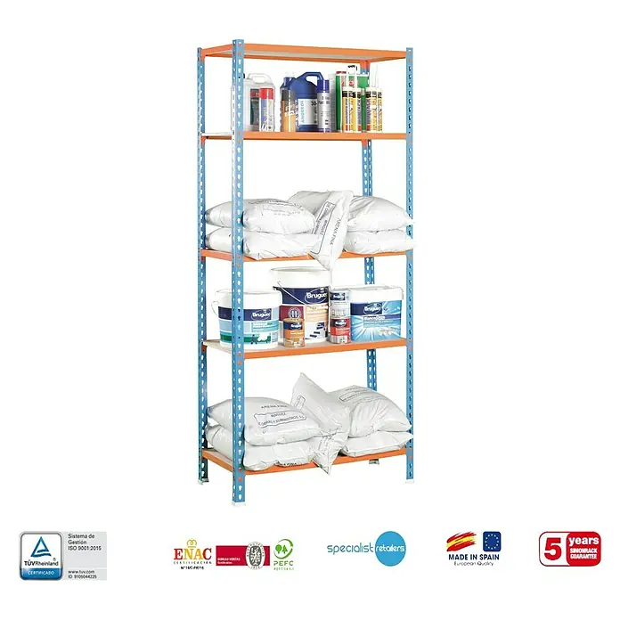 Simonrack Maderclick Estantería metálica - L x An x Al: 30 x 90 x 180 cm, Capacidad de carga: 150 kg/balda, Número de baldas: 5 ud., Inserción, Azul/Naranja