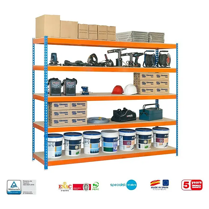 Simonrack Simonforte Estantería para cargas pesadas Chipboard - L x An x Al: 90 x 180 x 200 cm, Capacidad de carga: 600 kg/balda, Número de baldas: 5 ud., Azul/Naranja