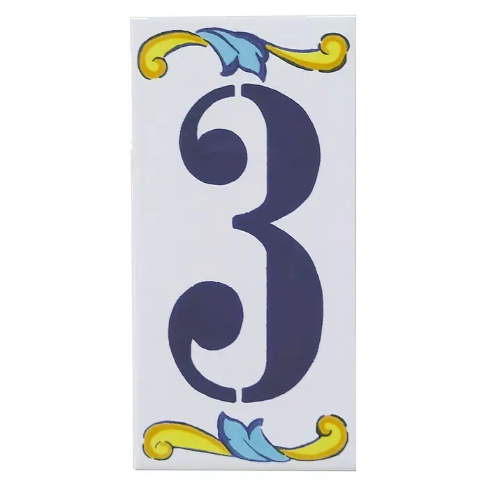 Azulejo de gres Número 3 - 7,5 x 15 cm, Blanco, Azul, Amarillo, Brillante