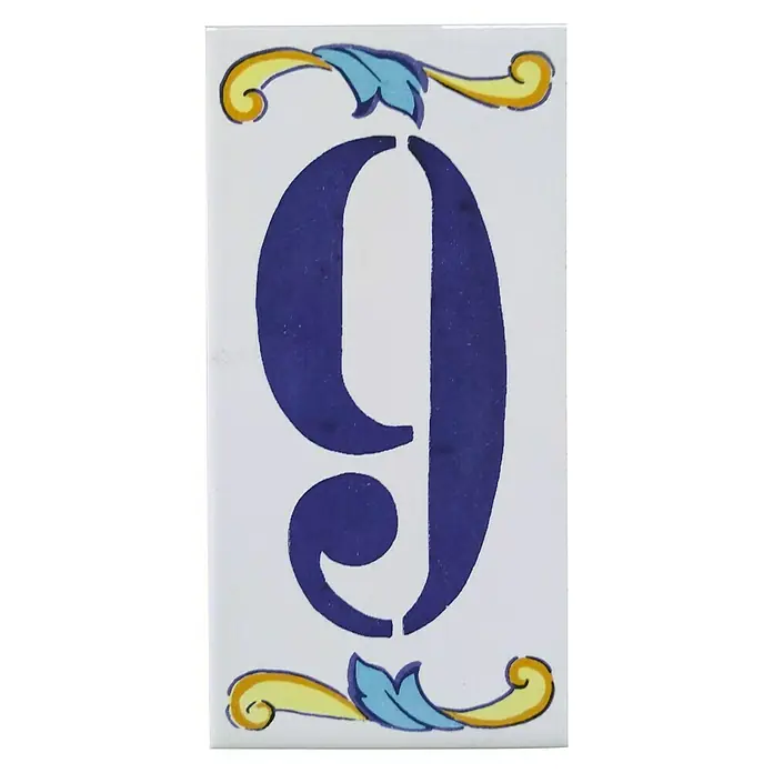 Azulejo de gres Número 9 - 7,5 x 15 cm, Blanco, Azul, Amarillo, Brillante