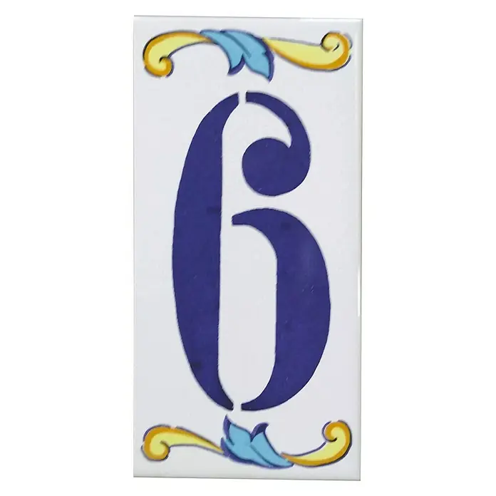 Azulejo de gres Número 6 - 7,5 x 15 cm, Blanco, Azul, Amarillo, Brillante