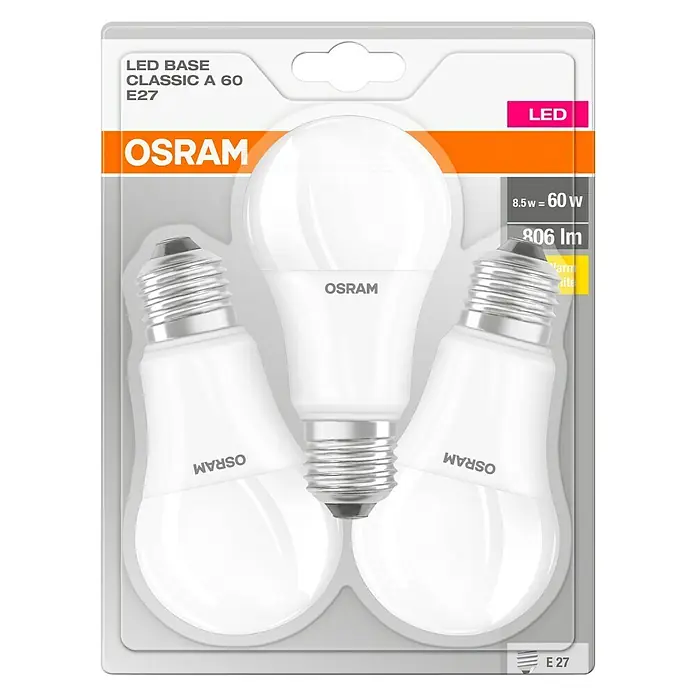Osram Bombilla LED - 3 uds., E27, 8,5 W, Color de luz: Blanco cálido, No regulable