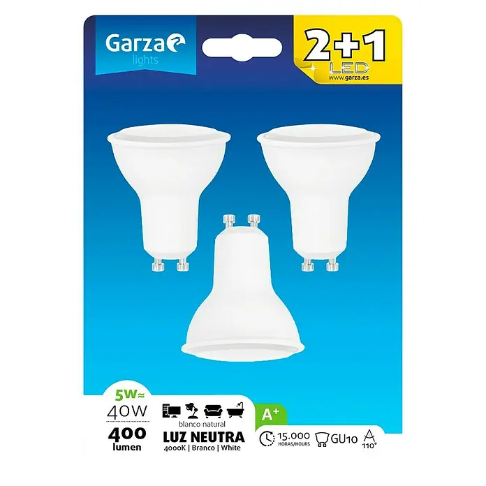 Garza Bombilla LED - 3 uds., GU10, 3 x 5 W, Blanco neutro, 400 lm