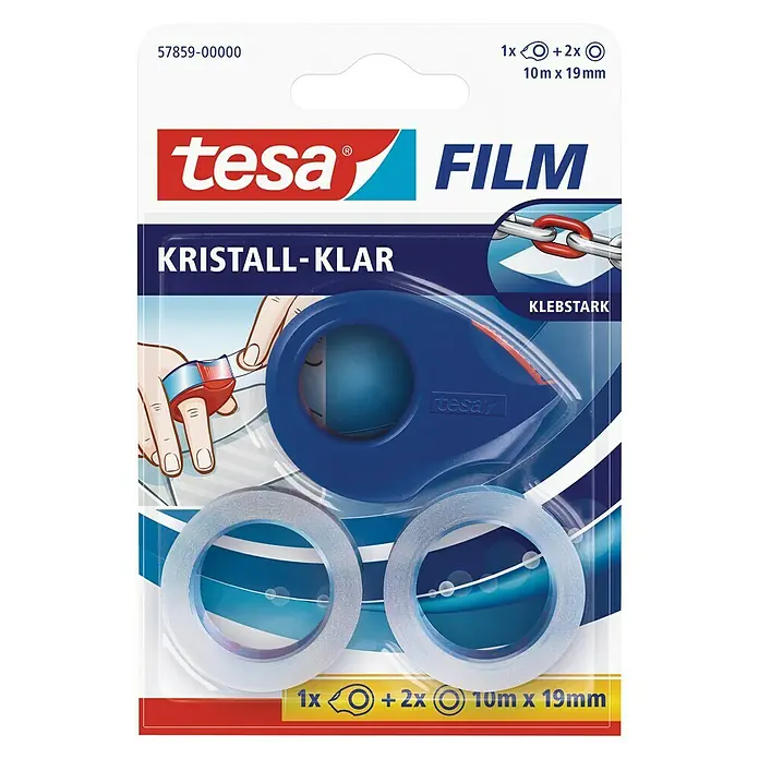 Tesa Mini-Abroller crystal clear - Länge: 10 m, 1 x Kleinroller, 2 x Rollen  je 10 m x 19 mm, Kristallklar