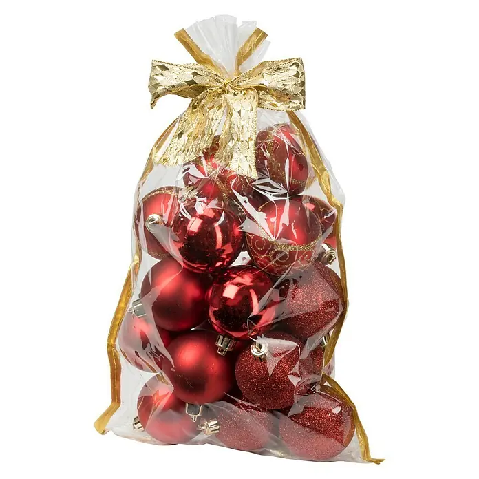Christbaumkugel-Mix im Geschenkbeutel - Rot, Kunststoff, Durchmesser: 6 cm, 20 Stk.