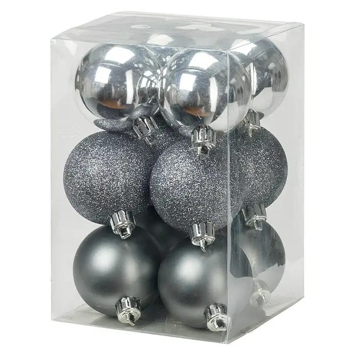 Christbaumkugel-Mix - Silber, Kunststoff, Durchmesser: 6 cm, 12 Stk.