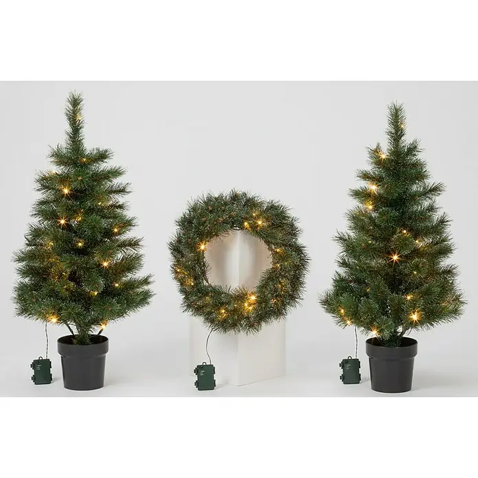 Künstlicher Weihnachtsbaum Set mit Kranz - LED-Beleuchtung, Grün, Batteriebetrieben