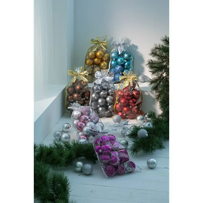 Christbaumkugel-Mix im Geschenkbeutel - Rot, Kunststoff, Durchmesser: 6 cm, 20 Stk.