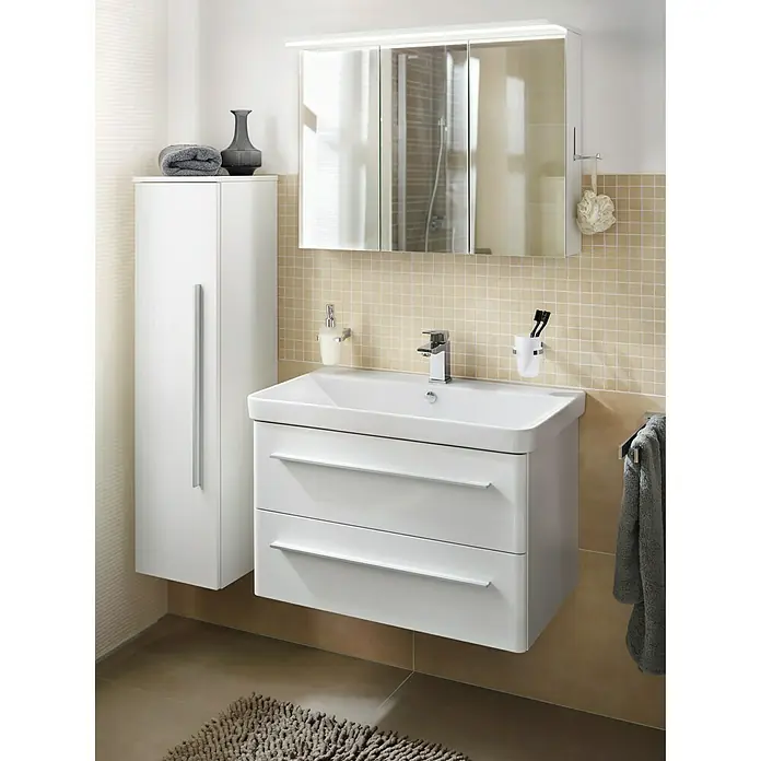 Modern 3.0 Waschtischunterschrank - 76 x 49 x 48,7 cm, 2 Schubkästen, Weiß, Hochglanz - Stimmungsaufnahme