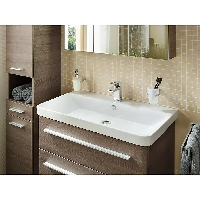 Modern 3.0 Waschtischunterschrank - 76 x 49 x 48,7 cm, 2 Schubkästen, Eiche Maron, Matt - Stimmungsaufnahme