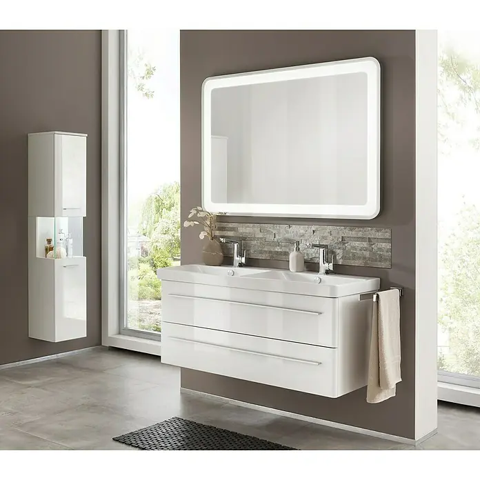 Modern 3.0 Waschtischunterschrank - 116 x 49 x 48,7 cm, 2 Schubkästen, Weiß, Hochglanz - Stimmungsaufnahme