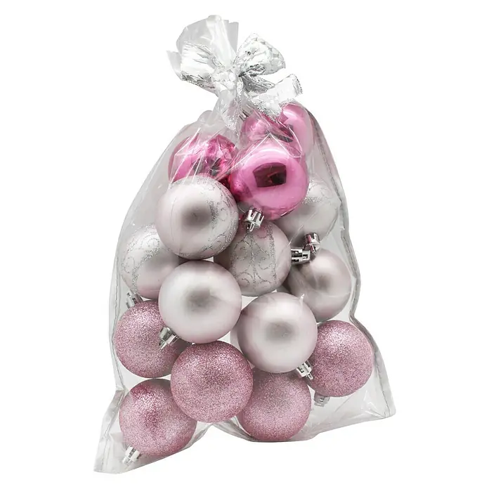 Christbaumkugel-Mix im Geschenkbeutel - Rosa, Kunststoff, Durchmesser: 6 cm, 20 Stk. - Vorderansicht