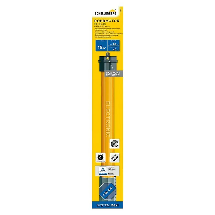 Schellenberg Rohrmotor Maxi Plus 40 - Max. Rollladenfläche: 15 m² bei Kunststoffrollläden, Einbaulänge: 620 mm, Zugkraft: 60 kg - Vorderansicht