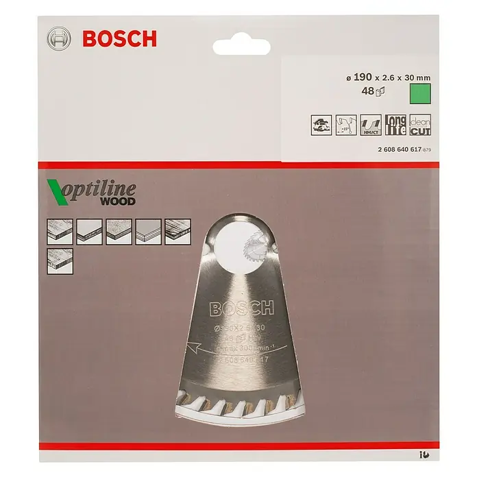 Bosch Kreissägeblatt Optiline Wood - Durchmesser: 190 mm, Bohrung: 30 mm, Anzahl Zähne: 48 Zähne - Vorderansicht