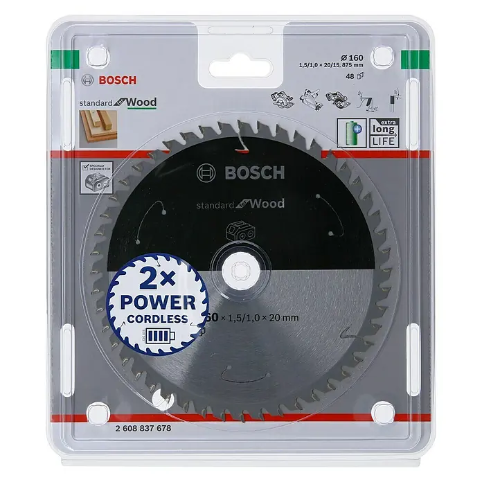 Bosch Cirkelzaagblad - Diameter: 160 mm, Boorgat: 20 mm, Aantal tanden: 48 tanden - Vooraanzicht