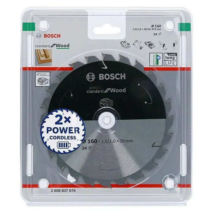 Bosch Cirkelzaagblad - Diameter: 160 mm, Boorgat: 20 mm, Aantal tanden: 24 tanden - Vooraanzicht