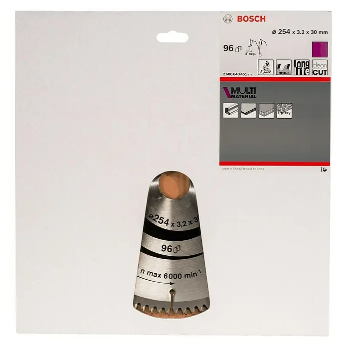 Bosch Kreissägeblatt Multimaterial - Durchmesser: 254 mm, Bohrung: 30 mm, Anzahl Zähne: 96 Zähne - Vorderansicht