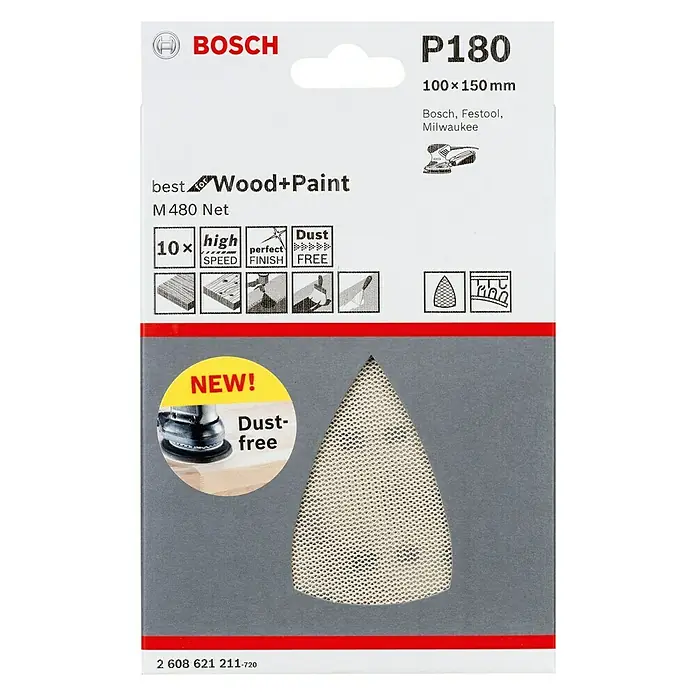 Bosch Schleifblätter M480 Best for Wood - L x B: 150 x 100 mm, Körnung: 180, 10 Stk. - Vorderansicht