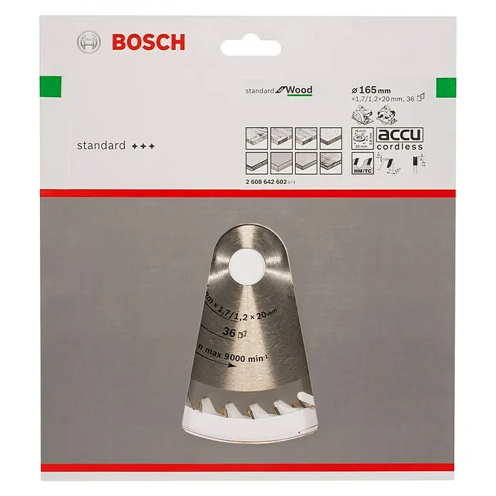 Bosch Cirkelzaagblad Optiline Wood - Diameter: 165 mm, Boorgat: 20 mm, Aantal tanden: 36 tanden - Vooraanzicht