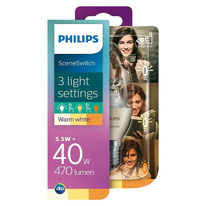 Philips Bombilla LED Vela - 5,5 W, E14, Color de luz: Blanco cálido, Intensidad regulable, Vela