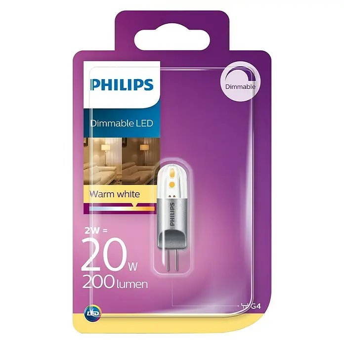 Philips Bombilla LED - 2 W, G4, Color de luz: Blanco cálido, Intensidad regulable, Capsular