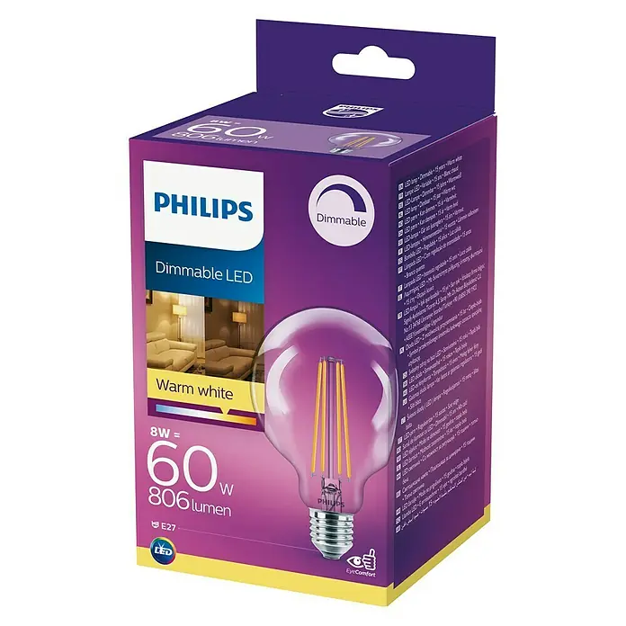 Philips Bombilla LED Vintage - 8 W, E27, Color de luz: Blanco cálido, Intensidad regulable, Globo