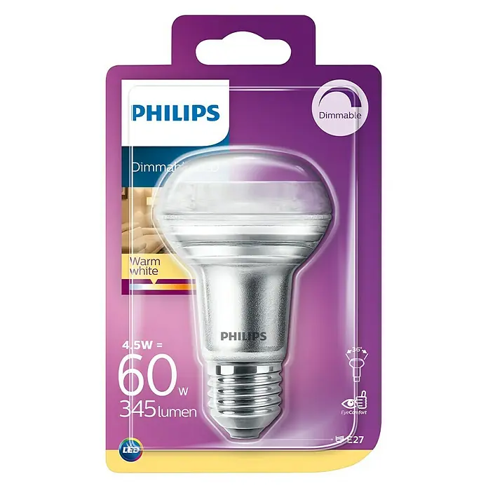 Philips Bombilla reflectora LED - 4,5 W, E27, 36 °, Color de luz: Blanco cálido, Intensidad regulable