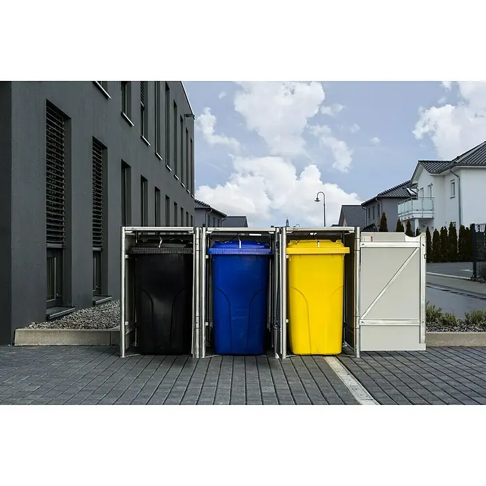 Hide Mülltonnenbox - 63,4 x 181,2 x 115,2 cm, Passend für: 3 Mülltonnen 110 - 140 l, Kunststoff, Grau - Anwendungsbeispiel
