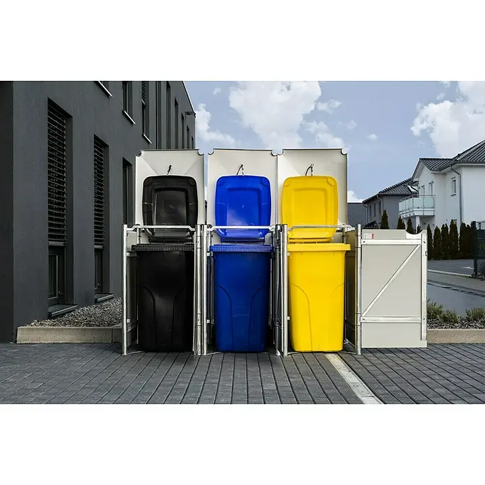 Hide Mülltonnenbox - 63,4 x 181,2 x 115,2 cm, Passend für: 3 Mülltonnen 110 - 140 l, Kunststoff, Grau - Anwendungsbeispiel
