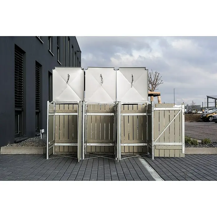 Hide Mülltonnenbox - 80,7 x 209,1 x 115,2 cm, Passend für: 3 Mülltonnen 180 - 240 l, Holz, Natur/Grau - Anwendungsbeispiel